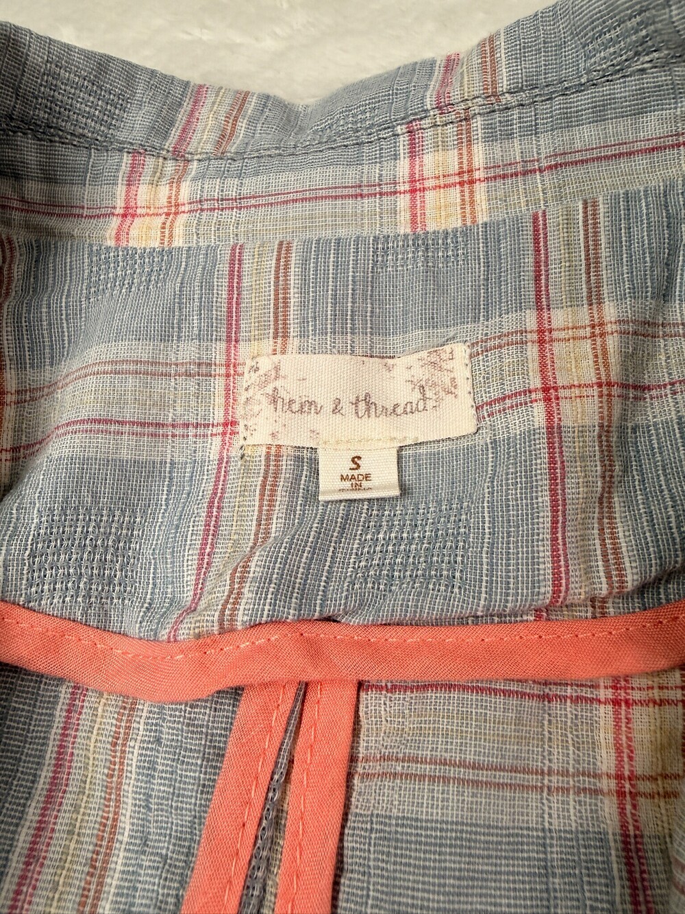 Hem & Thread Women’s Small Blue Plaid Double-Breasted Blazer Coral Trim - Picture 7 of 7